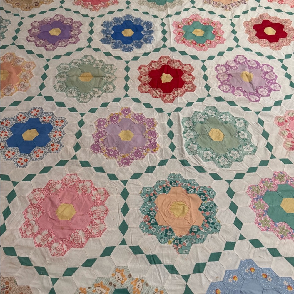Vintage 75”x90” Grandmother’s Flower Garden Quilt Top Only Unfinished Handmade - Picture 3 of 8